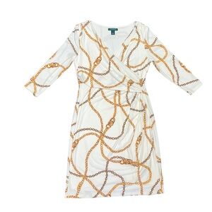 Lauren Ralph Lauren white and gold chain print faux wrap style lined dress